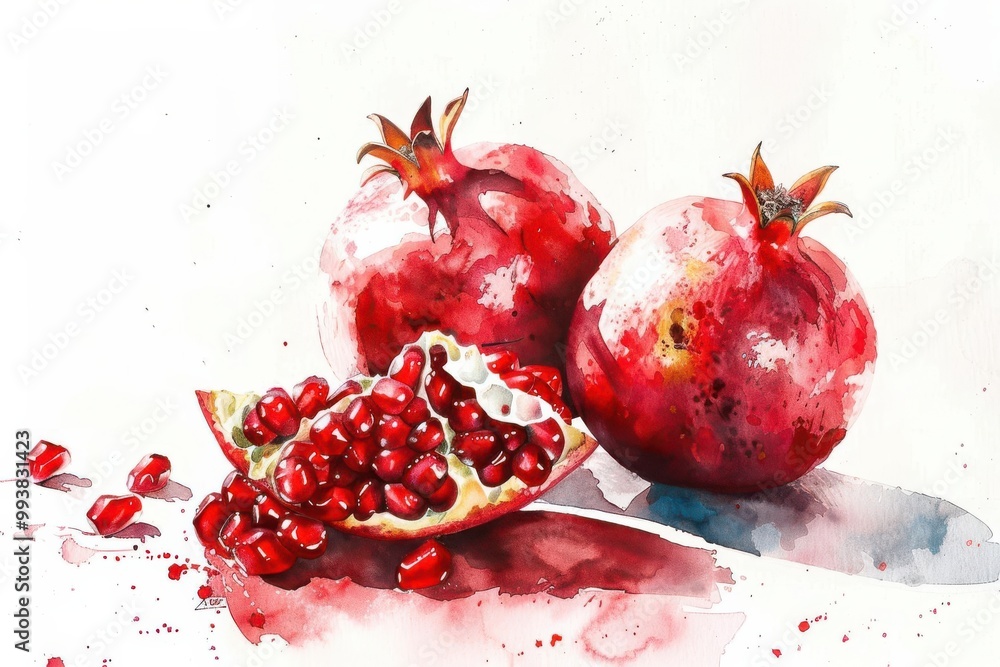 Watercolor depiction of bright red pomegranate seeds spilling out from a cracked fruit, Nutritional food, Antioxidant power Watercolor depiction of bright red pomegranate seeds spilling out from a cracked fruit, Nutritional food, Antioxidant power