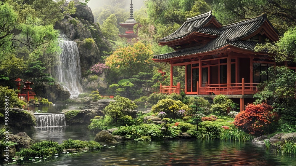 Tranquil Serenity: A Fantasy Japanese Garden. AI generated illustration Tranquil Serenity: A Fantasy Japanese Garden. AI generated illustration