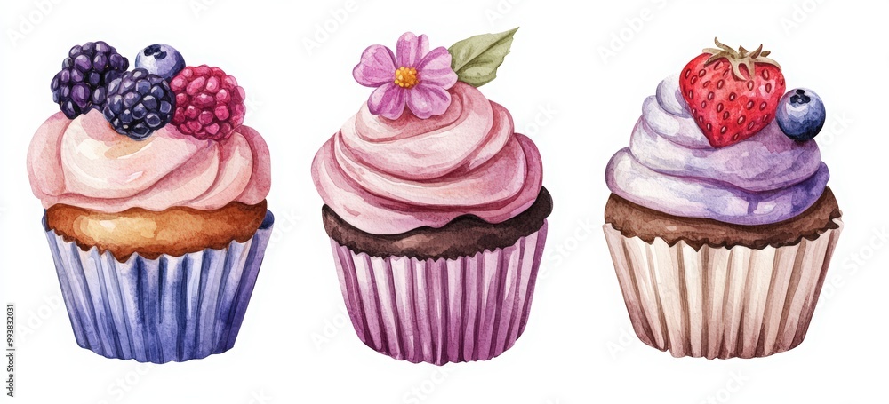Cupcakes set. Cupcakes with pink and purple frosting, a watercolor illustration on a white background. Hand-drawn cupcakes in different shapes with flower decorations. Cupcakes set. Cupcakes with pink and purple frosting, a watercolor illustration on a white background. Hand-drawn cupcakes in different shapes with flower decorations.