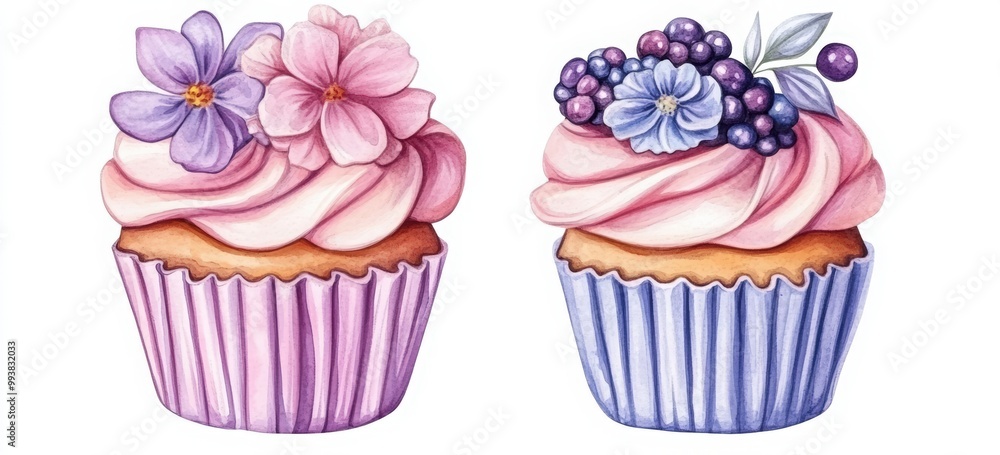 Cupcakes set. Cupcakes with pink and purple frosting, a watercolor illustration on a white background. Hand-drawn cupcakes in different shapes with flower decorations. Cupcakes set. Cupcakes with pink and purple frosting, a watercolor illustration on a white background. Hand-drawn cupcakes in different shapes with flower decorations.