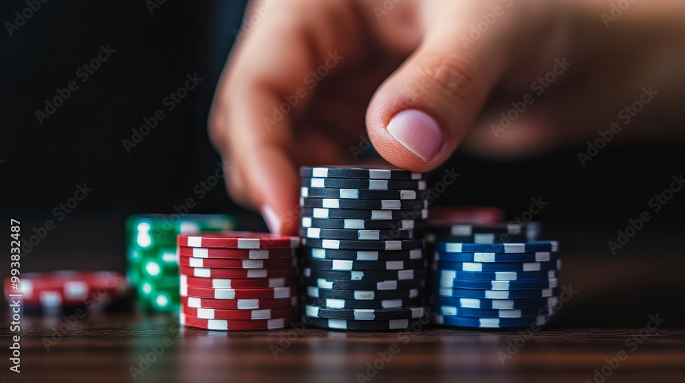 Naklejka premium Hand pick Poker Chips Stacked on a Wooden Surface
