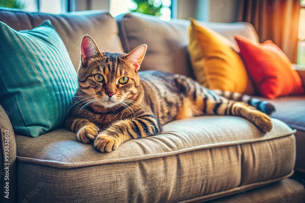 Adorable Lazy Cat Relaxing Comfortably on a Soft Couch in a Cozy Living Room Setting at Home Adorable Lazy Cat Relaxing Comfortably on a Soft Couch in a Cozy Living Room Setting at Home