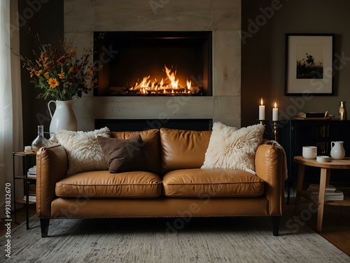 Cozy couch by a fireplace.