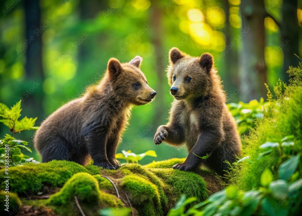 Fototapeta premium Adorable Little Bears Playing in the Forest Surrounded by Greenery and Natural Beauty of Nature