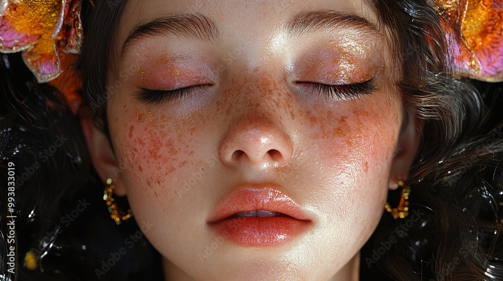Close-Up Portrait of a Woman with Golden Glitter Makeup and Freckles Close-Up Portrait of a Woman with Golden Glitter Makeup and Freckles
