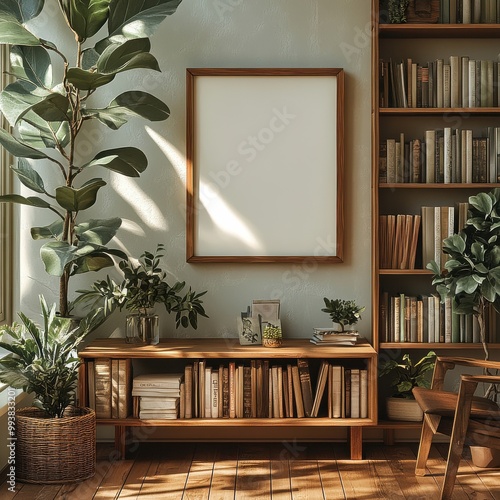 Cozy Modern Living Room with Wooden Coffee Table and Potted Plant photo