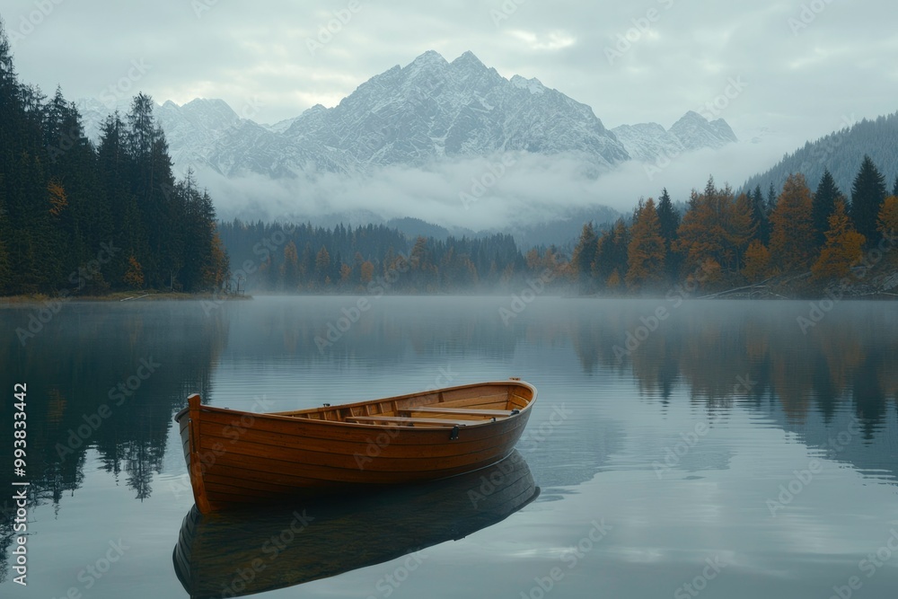 A Wooden Rowboat Resting on a Serene Lake with a Misty Mountain Background