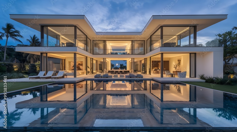 Fototapeta premium Modern Luxury Villa with Infinity Pool and Sunset Sky