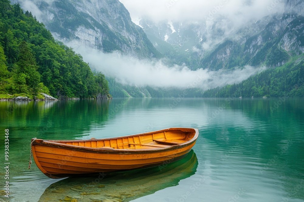 A Wooden Rowboat Anchored in a Tranquil Mountain Lake A Wooden Rowboat Anchored in a Tranquil Mountain Lake