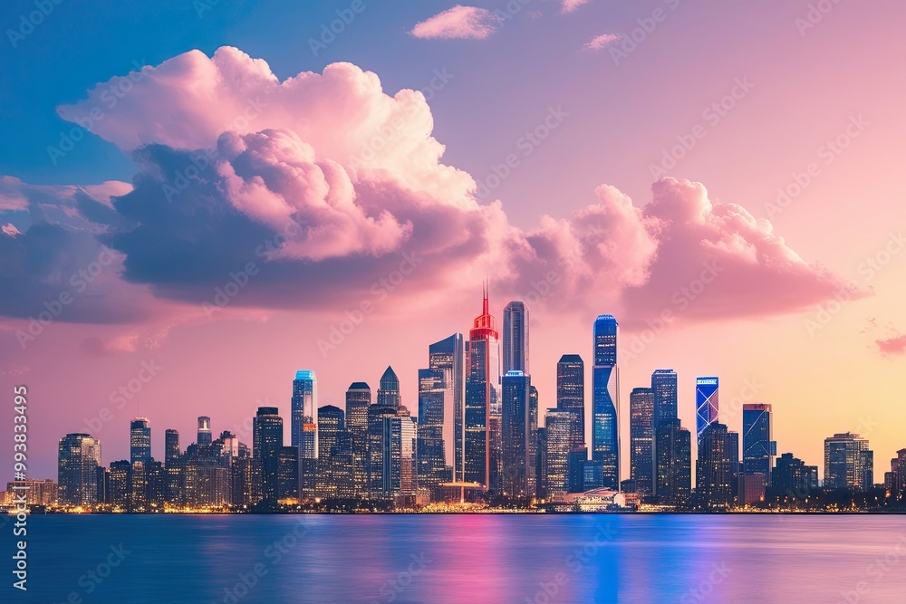 Dynamic Urban Skyline with Clouds and Vibrant City Lights in a Lively Pastel Background Dynamic Urban Skyline with Clouds and Vibrant City Lights in a Lively Pastel Background