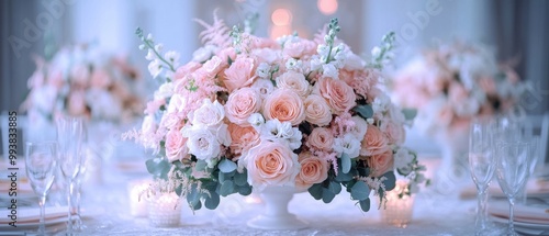 Wallpaper Mural Elegant Wedding Setup with Fresh Flowers on Soft-Clothed Table Torontodigital.ca