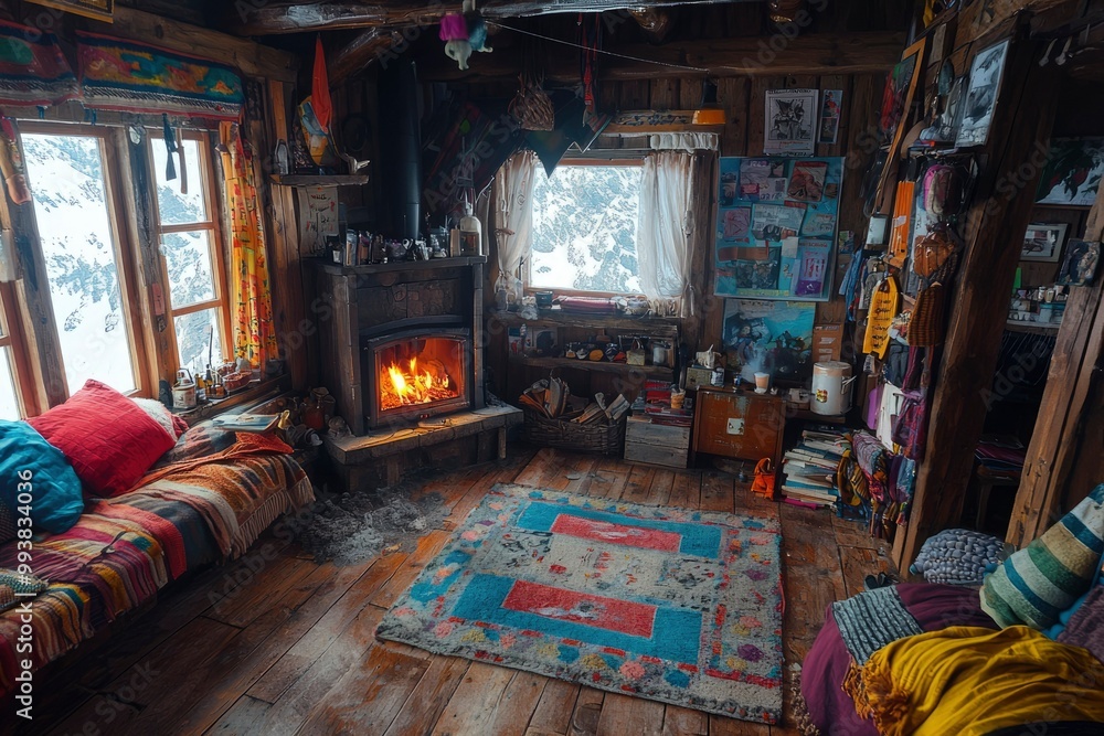 Cozy Cabin Interior with Fireplace and Snowy Mountain View Cozy Cabin Interior with Fireplace and Snowy Mountain View