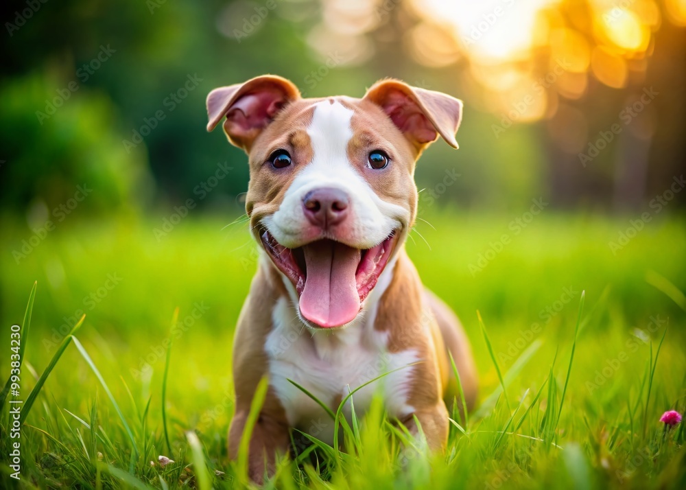 Adorable Pit Bull Puppy Playing in the Grass with a Bright Smile and Happy Expression on Its Face Adorable Pit Bull Puppy Playing in the Grass with a Bright Smile and Happy Expression on Its Face