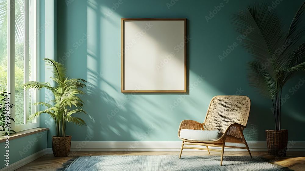 3D Render of a Living Room with a Wicker Chair and Green Walls 3D Render of a Living Room with a Wicker Chair and Green Walls