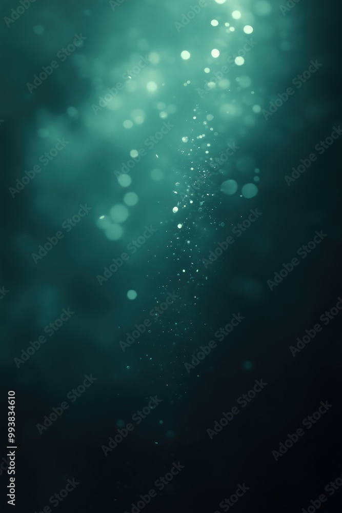 Naklejka premium A shimmering dark green background with soft bokeh effects and light particles.