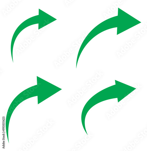 Green arrow icon. Green long curved arrow on white background. Long arrow. Curved arrow.