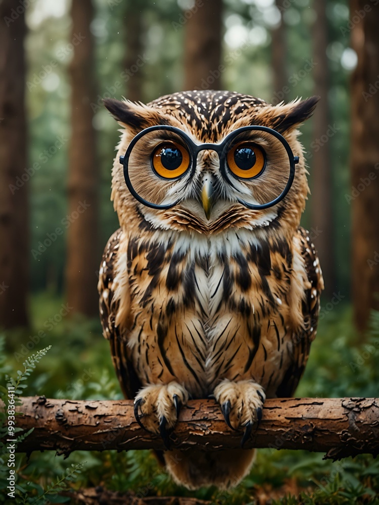 Cute owl in a forest setting with glasses. Cute owl in a forest setting with glasses.