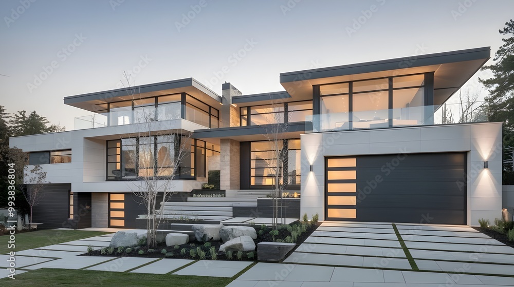 Fototapeta premium Modern Luxury Home Exterior with Concrete Driveway and Landscaping
