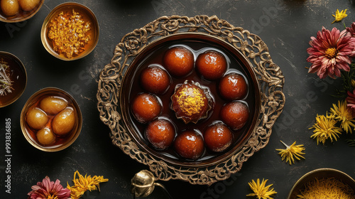 A luxurious and ornate presentation of traditional Indian Gulab Jamun, arranged in bowl photo