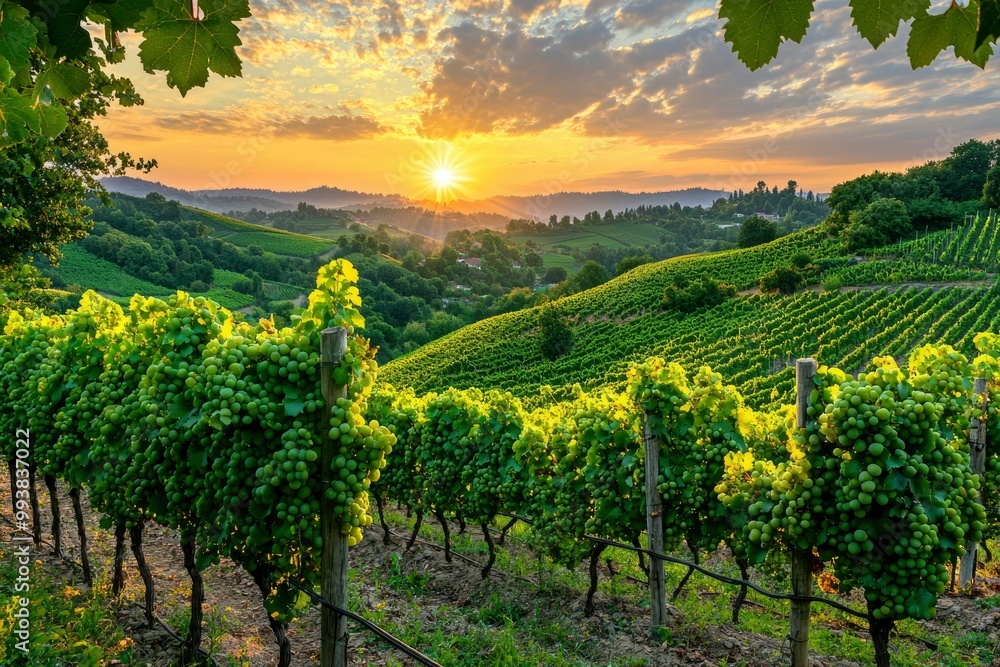 Naklejka premium Vineyard Rows with Green Grapes at Sunset