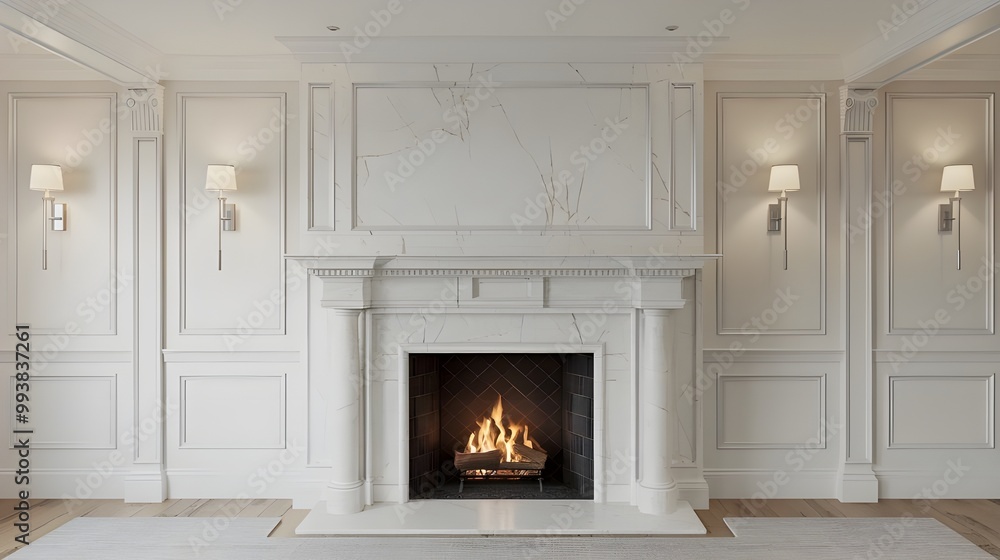 Modern White Fireplace with Mantle and Burning Fire in Luxury Interior Design Modern White Fireplace with Mantle and Burning Fire in Luxury Interior Design