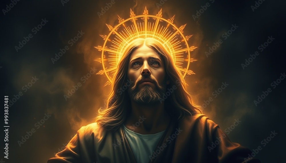 Divine Jesus Christ glowing with power, golden halo light in dark spiritual background, mystical religious art Divine Jesus Christ glowing with power, golden halo light in dark spiritual background, mystical religious art