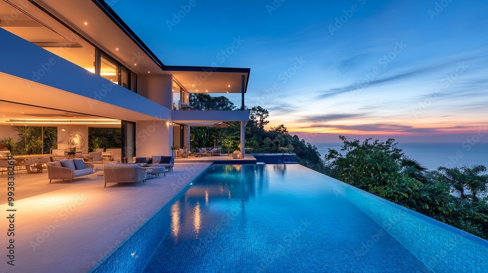 Obraz premium Stunning Luxury Villa with Panoramic Ocean View at Sunset. AI generated illustration