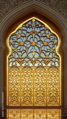 Islamic Architecture: Ornate Mosque Window with Stained Glass and Columns