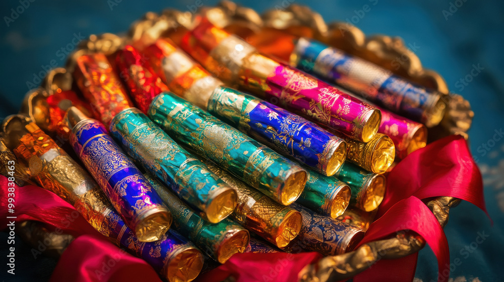 Festive arrangement of traditional Indian Diwali firecrackers with lamp wick on a bright violet fabric background. Festive arrangement of traditional Indian Diwali firecrackers with lamp wick on a bright violet fabric background.