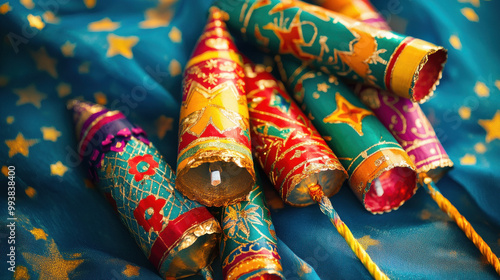 Festive arrangement of traditional Indian Diwali firecrackers with lamp wick on a bright violet fabric background. photo