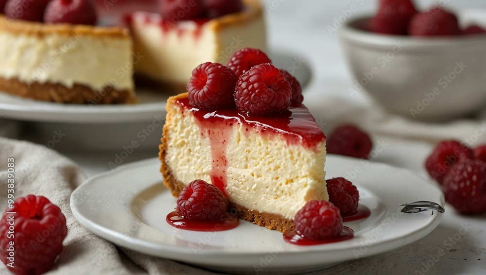 Delicious raspberry cheesecake on a plate with a bowl of raspberries. Delicious raspberry cheesecake on a plate with a bowl of raspberries.
