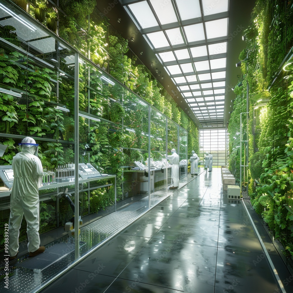 custom made wallpaper toronto digital"A bright, eco-friendly lab with walls covered in living plants and green technology. Scientists in earthy tones are examining water samples and renewable energy systems, while screens display 