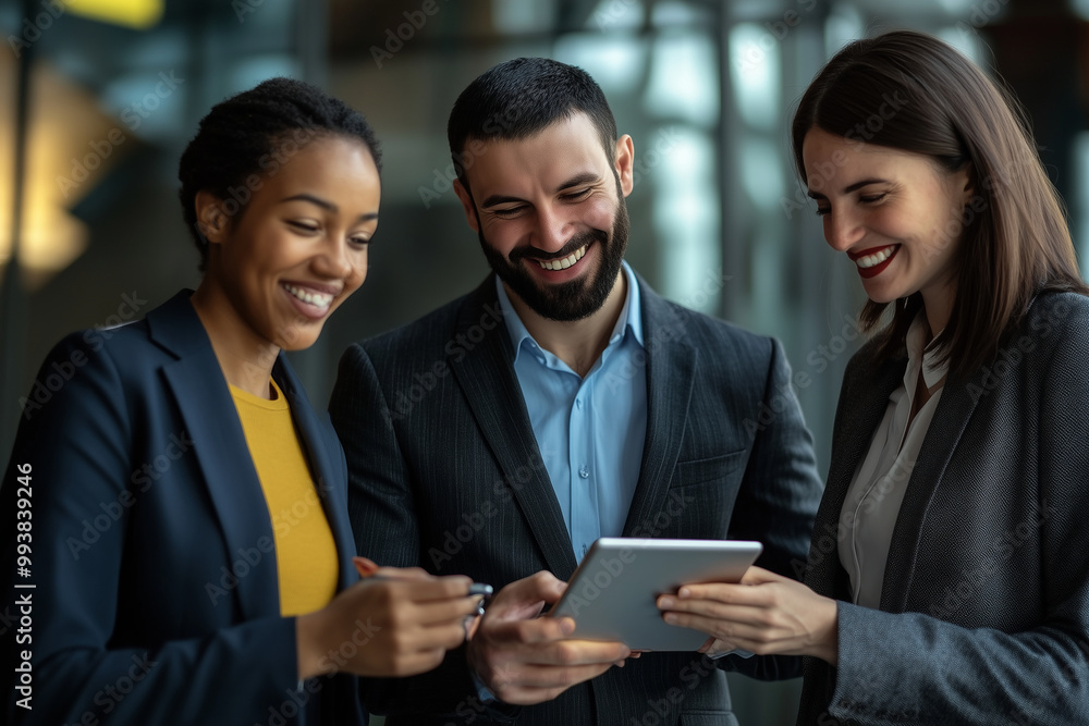 Smiling, multi-ethnic business people working together as a team with a digital tablet in a meeting Smiling, multi-ethnic business people working together as a team with a digital tablet in a meeting