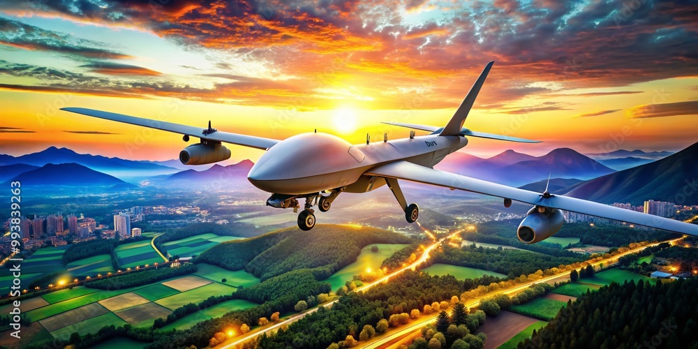 Advanced military drone in flight over a diverse landscape showcasing modern aerial technology Advanced military drone in flight over a diverse landscape showcasing modern aerial technology