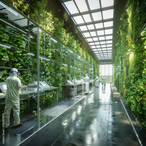 Wallpaper Mural "A bright, eco-friendly lab with walls covered in living plants and green technology. Scientists in earthy tones are examining water samples and renewable energy systems, while screens display  Torontodigital.ca