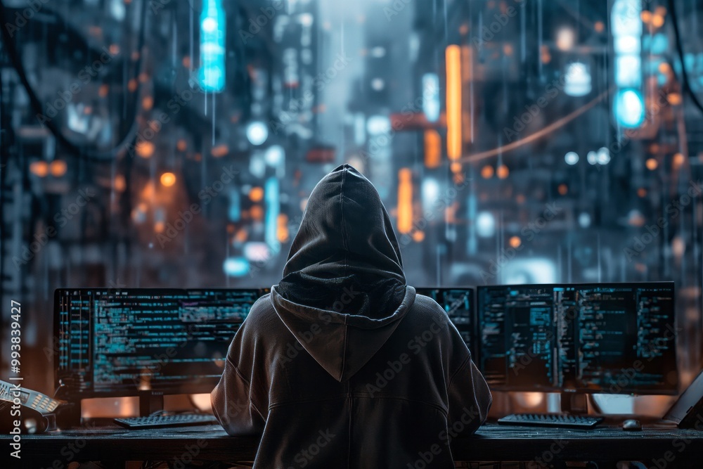 Hacker working on computer with code on screen at night in city Hacker working on computer with code on screen at night in city