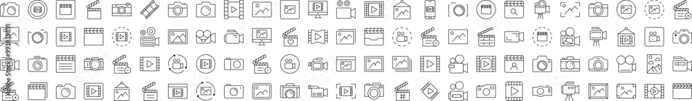 Clapperboard, Photo Camera, Movie, Picture Line Icon Set. Editable Stroke. Minimalistic Linear Pictogram for Design of Cards, Apps, Banners, Posts Clapperboard, Photo Camera, Movie, Picture Line Icon Set. Editable Stroke. Minimalistic Linear Pictogram for Design of Cards, Apps, Banners, Posts