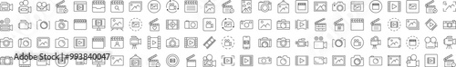 Pack of Line Icons of Clapperboard, Photo Camera, Movie, Picture. Editable Stroke. Minimalistic Linear Pictogram for Design of Cards, Apps, Banners, Posts