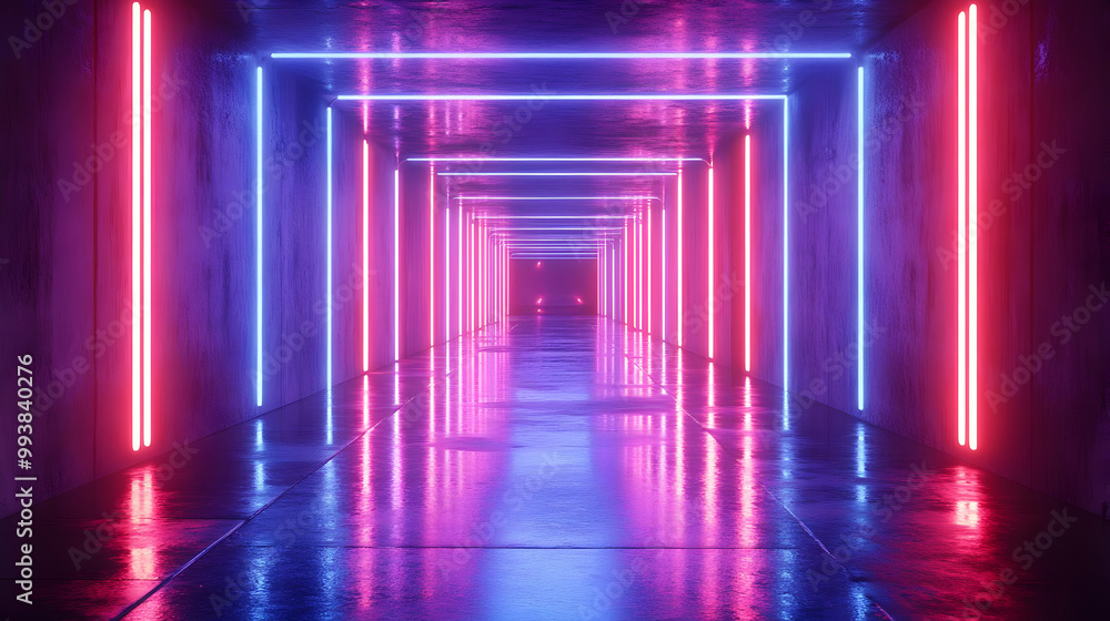 Neon Lights in a Concrete Corridor 3D Illustration Neon Lights in a Concrete Corridor 3D Illustration