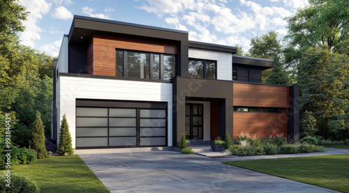 A modern house with two large garage doors, one made of white concrete and the other in dark gray wood with brown accents