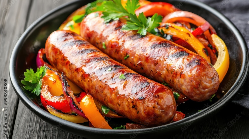 Grilled Sausages with Colorful Bell Peppers on Plate Grilled Sausages with Colorful Bell Peppers on Plate