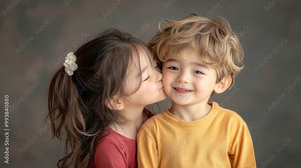 cute girl gently kissing a boy on the cheek. The boy’s expression should be one of surprise, lovly brother and sister cute girl gently kissing a boy on the cheek. The boy’s expression should be one of surprise, lovly brother and sister