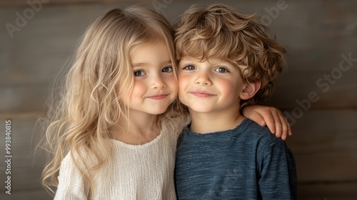 cute girl gently kissing a boy on the cheek. The boy’s expression should be one of surprise, lovly brother and sister 