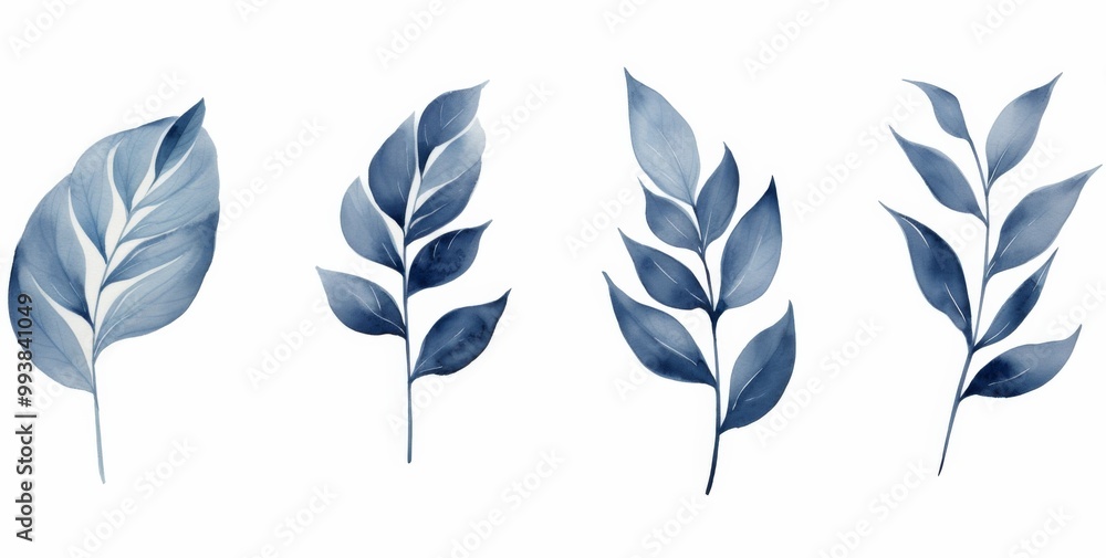 Set of 3-piece watercolor botanical leaf wall art in indigo blue on a white background. Set of 3-piece watercolor botanical leaf wall art in indigo blue on a white background.