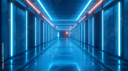 3D Neon Blue and Orange Lights Corridor Background