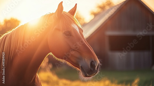 Close-up of a farm horse in a sunlit field, wooden barn in the background, wide copy space for design. photo