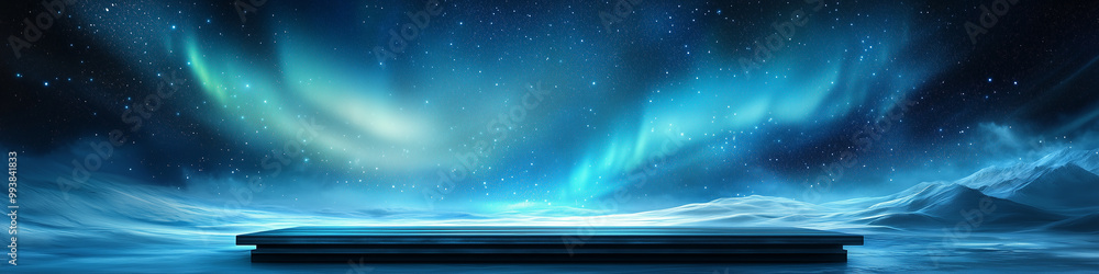 Fototapeta premium Enchanting aurora borealis landscape with vivid green, blue, and purple lights, providing a stunning backdrop for showcasing various products or vehicles. Perfect for background use in commercials, 