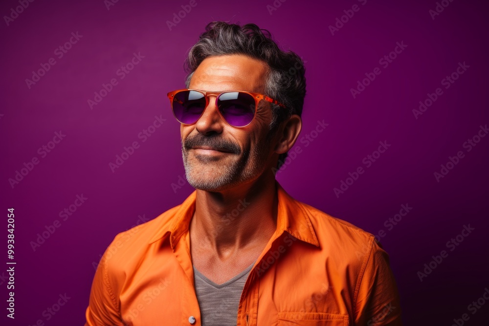 Portrait of a glad man in his 40s wearing a trendy sunglasses in front of vibrant yoga studio background Portrait of a glad man in his 40s wearing a trendy sunglasses in front of vibrant yoga studio background