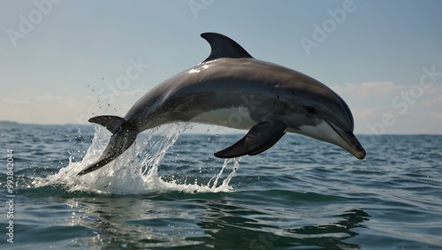 Dolphin jumping out of water against a white background.