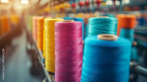 Colorful Threads on Spools in a Textile Factory Production Line. AI generated illustration